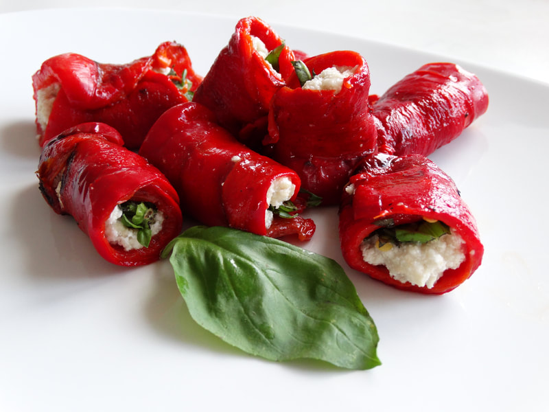 char-grilled peppers with vegan cheese and basil